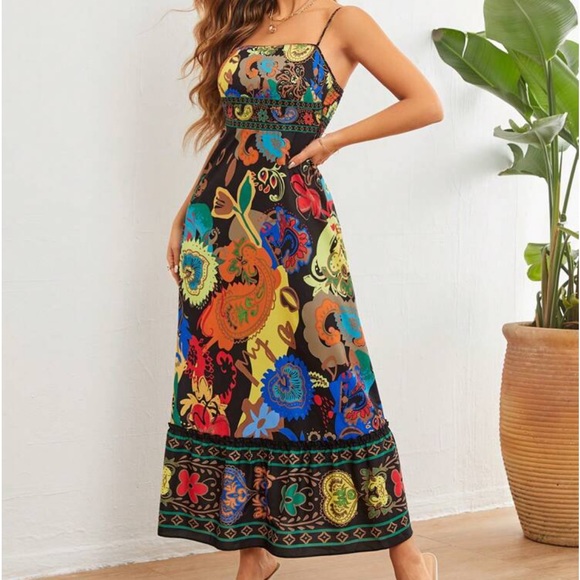 Boho Floral Print Cottage Cami Dress Black - Picture 4 of 5